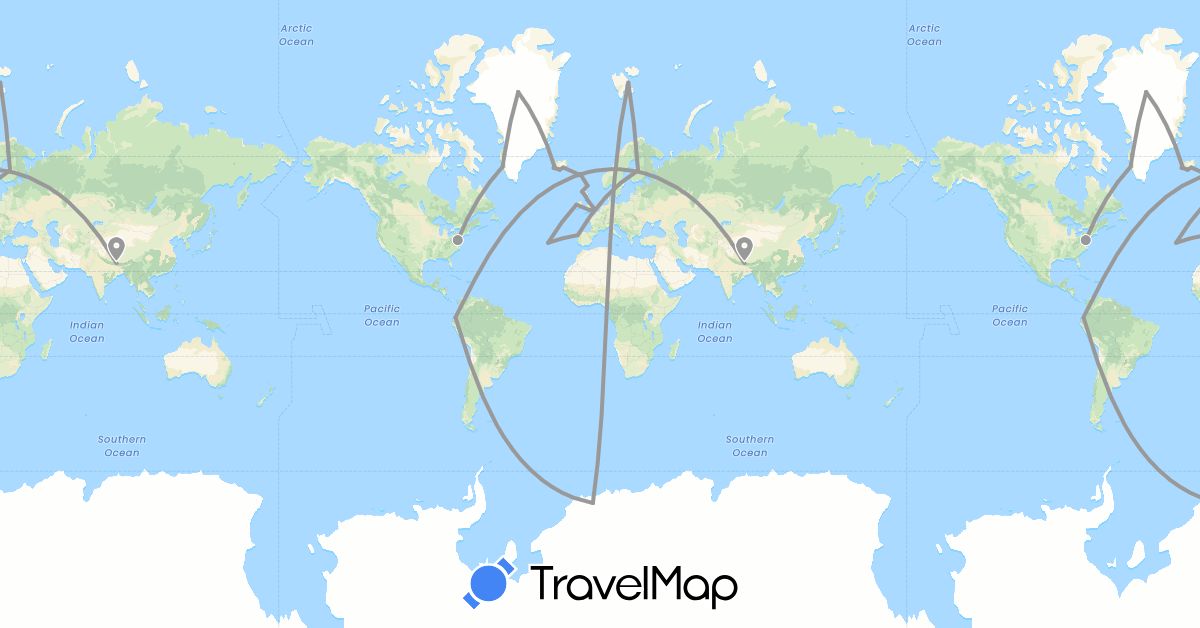 TravelMap itinerary: plane in China, Ecuador, Finland, Faroe Islands, United Kingdom, Greenland, Ireland, Iceland, Norway, Portugal, United States (Asia, Europe, North America, South America)