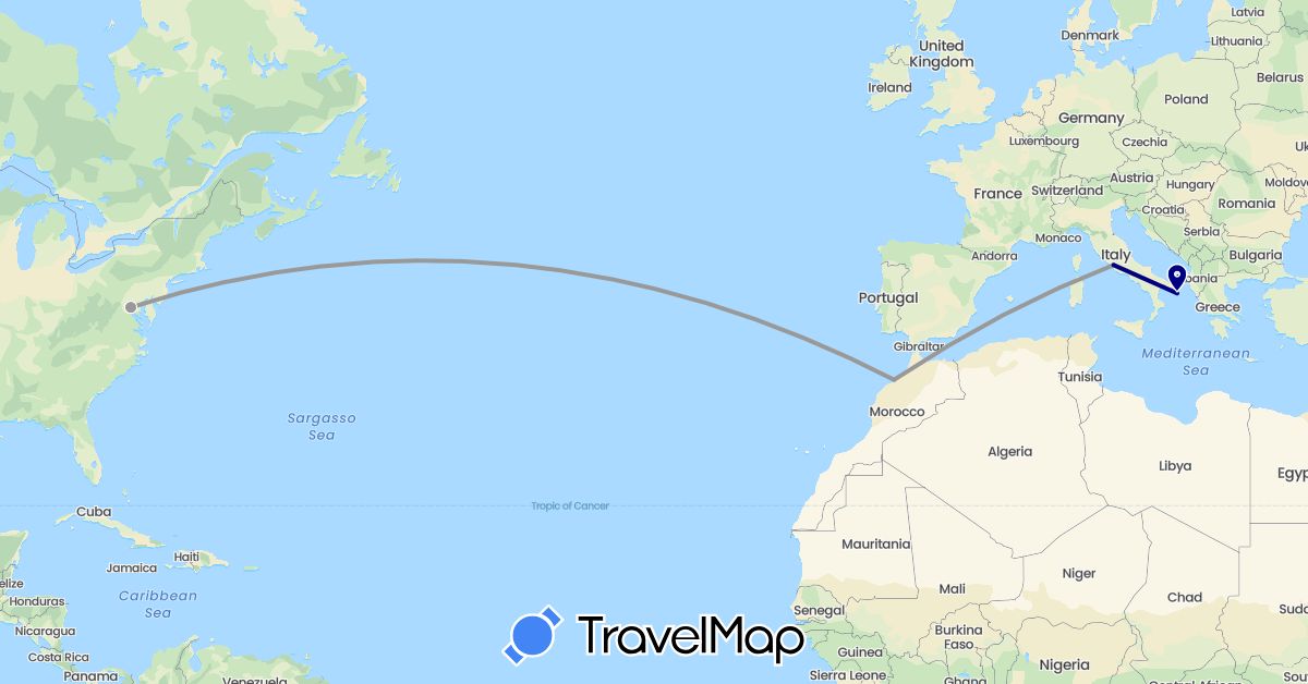TravelMap itinerary: driving, plane in Italy, Morocco, United States (Africa, Europe, North America)